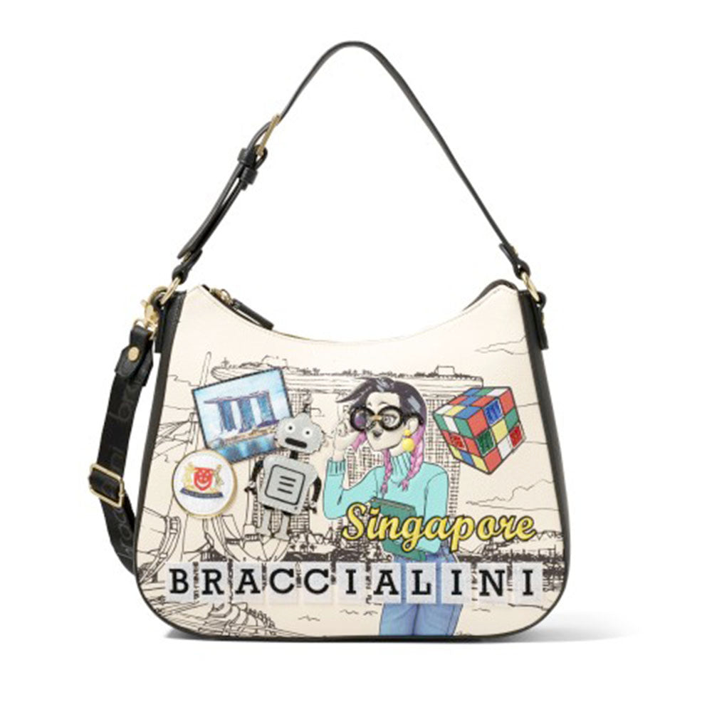 Hobo Bag Donna con Tracolla BRACCIALINI linea Cartoline stampa Singapore