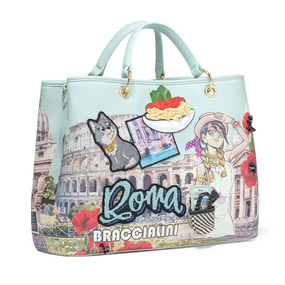 Borsa Donna a Mano Large BRACCIALINI linea Cartoline stampa Roma