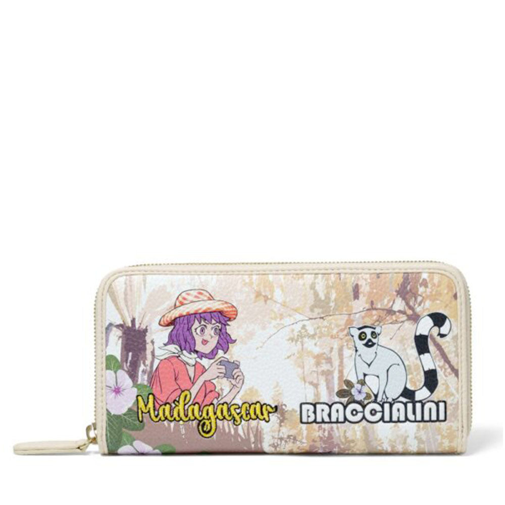 Portafoglio Donna Zip Around BRACCIALINI linea Cartoline stampa Madagascar