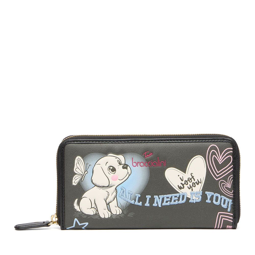 Portafoglio Donna Zip Around BRACCIALINI linea Allround Nero stampa Pets