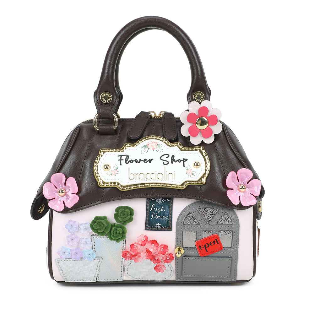 Borsa Donna a Mano BRACCIALINI linea Shape in Pelle Testa di Moro stampa Flower Shop