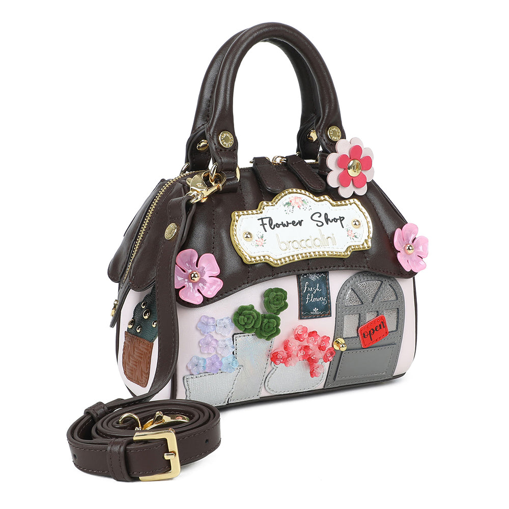 Borsa Donna a Mano BRACCIALINI linea Shape in Pelle Testa di Moro stampa Flower Shop
