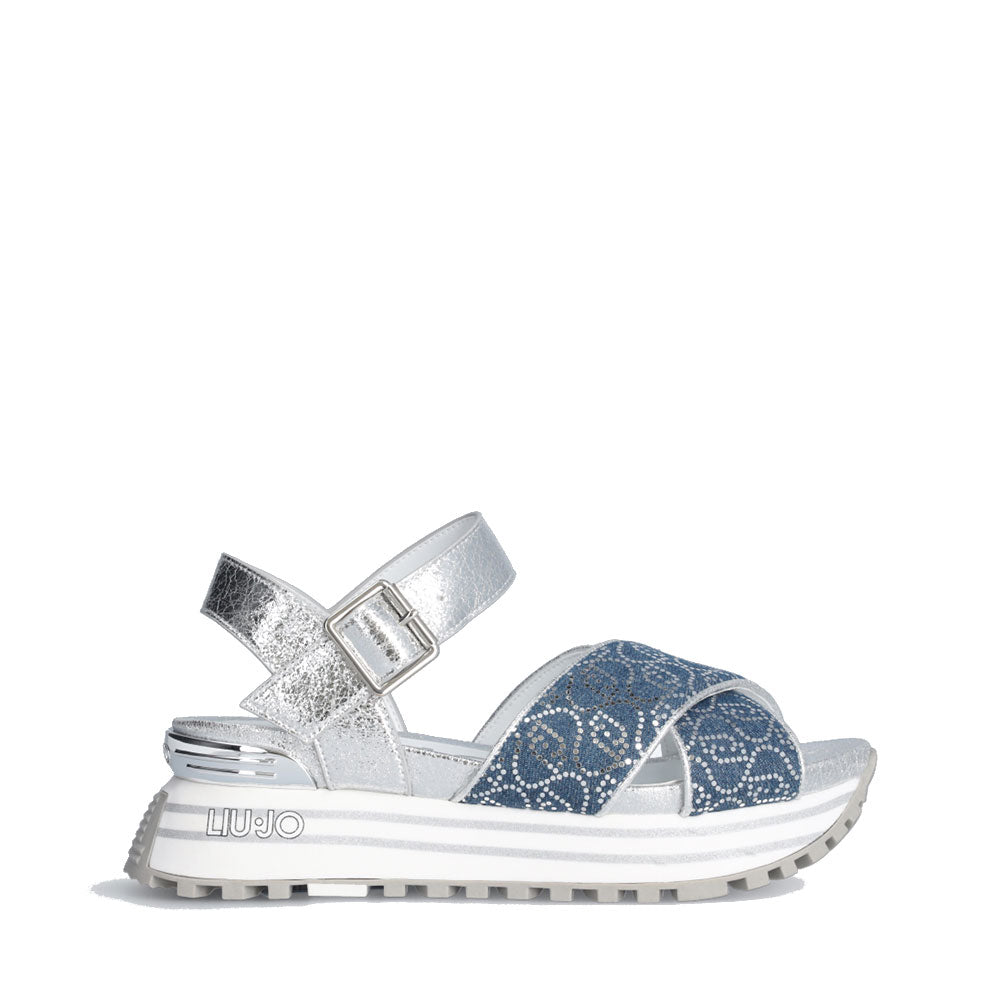 Sandali Platform LIU JO Maxi Wonder Sandal 11 in Denim con Inserti Crackle Argento