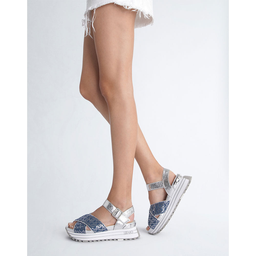 Sandali Platform LIU JO Maxi Wonder Sandal 11 in Denim con Inserti Crackle Argento