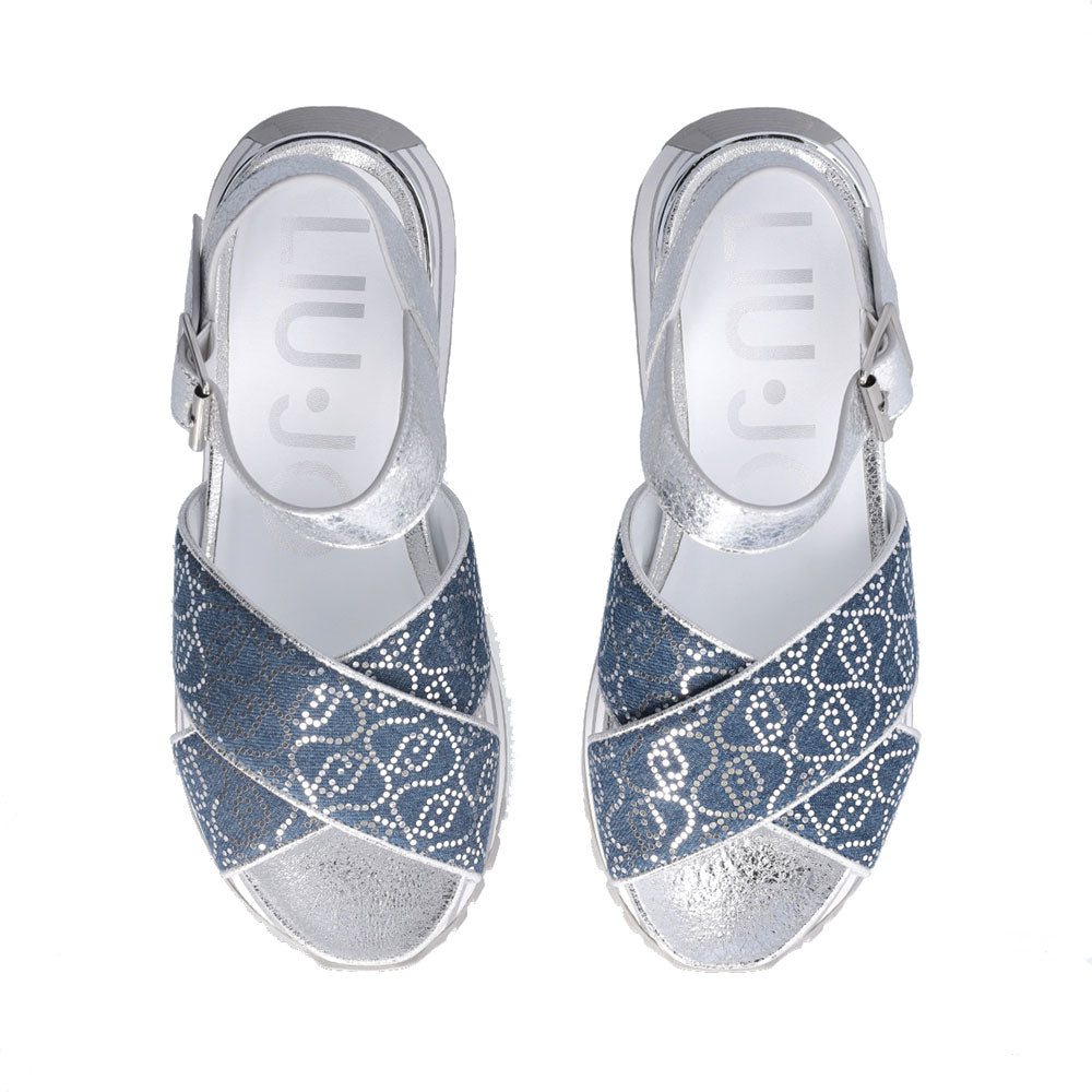 Sandali Platform LIU JO Maxi Wonder Sandal 11 in Denim con Inserti Crackle Argento