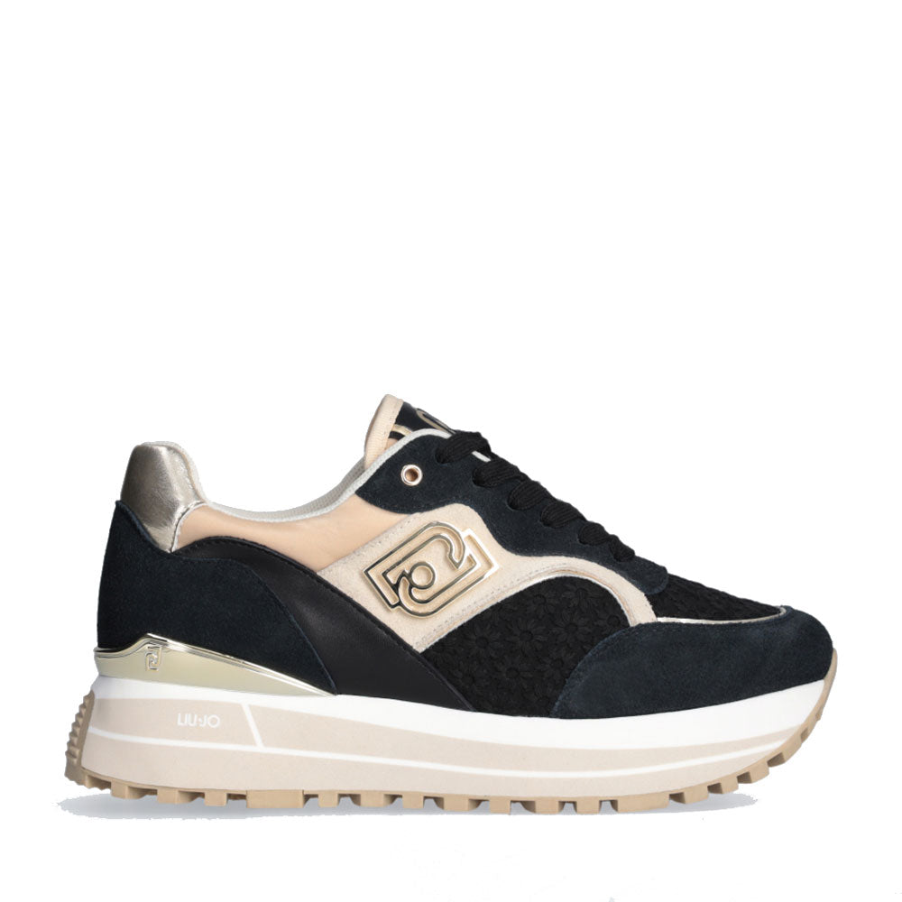 Sneakers Platform Donna LIU JO Maxi Wonder 73 in Suede e Ricamo Floreale Black