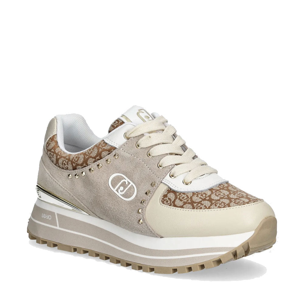 Sneakers Platform Donna LIU JO Maxi Wonder 87 in Suede e Tessuto Monogram Jacquard Ivory Peach