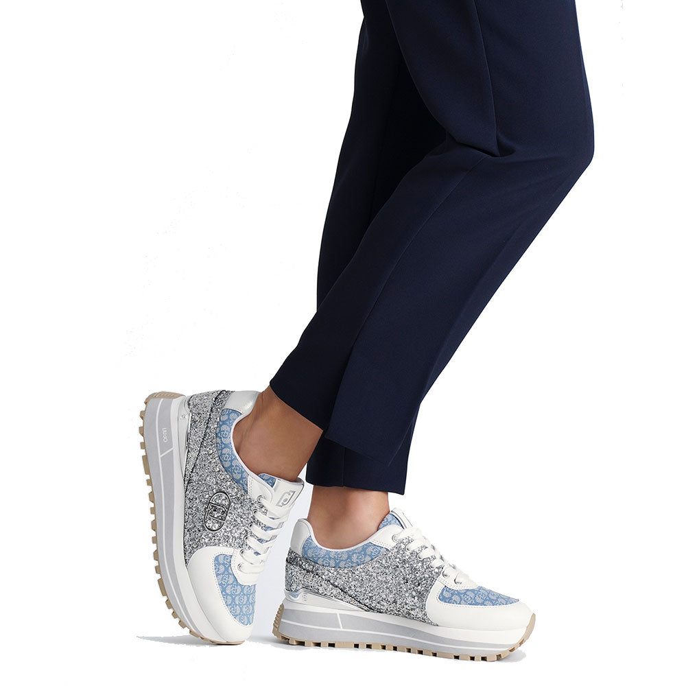 Sneakers Platform Donna LIU JO Maxi Wonder 87 in Tessuto Monogram Denim con Inserti Glitter