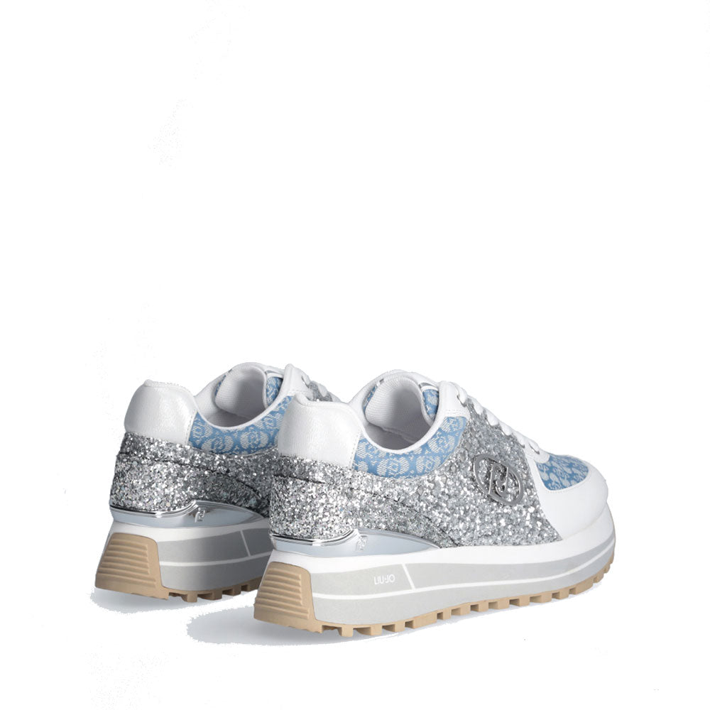 Sneakers Platform Donna LIU JO Maxi Wonder 87 in Tessuto Monogram Denim con Inserti Glitter