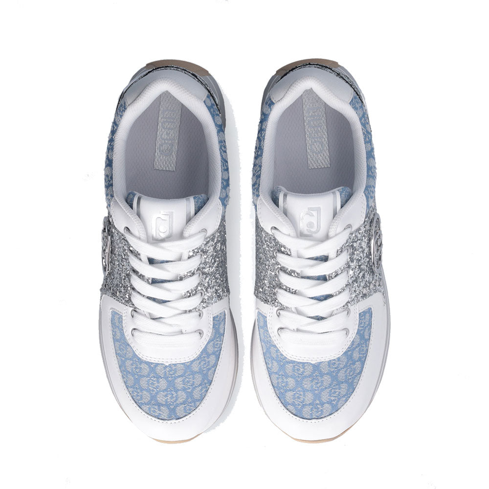 Sneakers Platform Donna LIU JO Maxi Wonder 87 in Tessuto Monogram Denim con Inserti Glitter