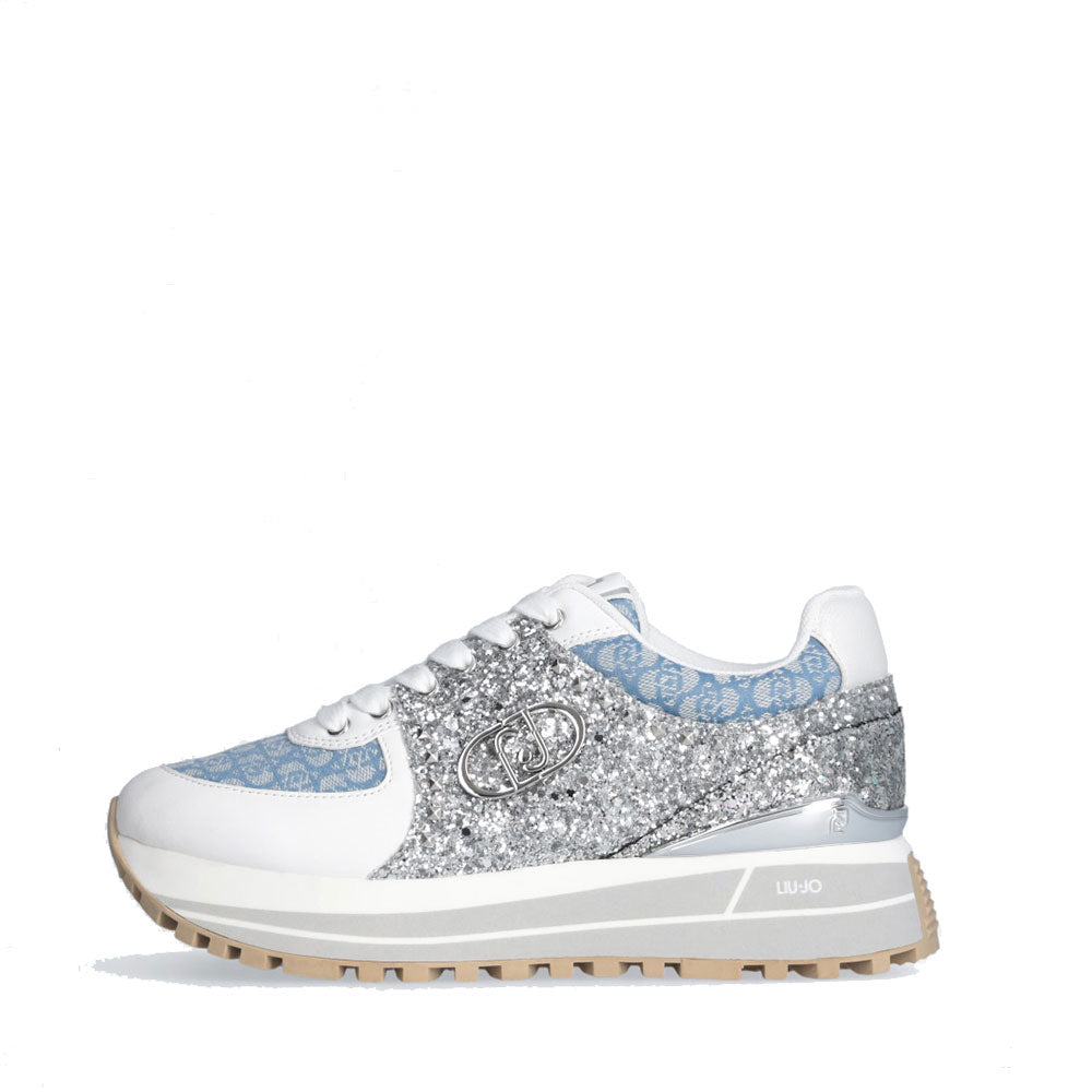 Sneakers Platform Donna LIU JO Maxi Wonder 87 in Tessuto Monogram Denim con Inserti Glitter