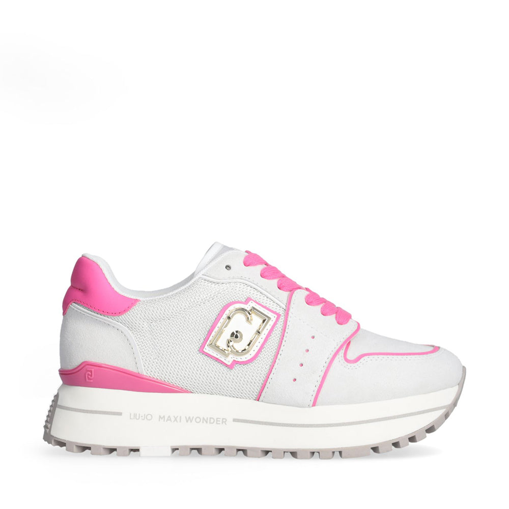 Sneakers Platform Donna LIU JO Maxi Wonder 85 in Suede e Mesh Off White Pink Fluo