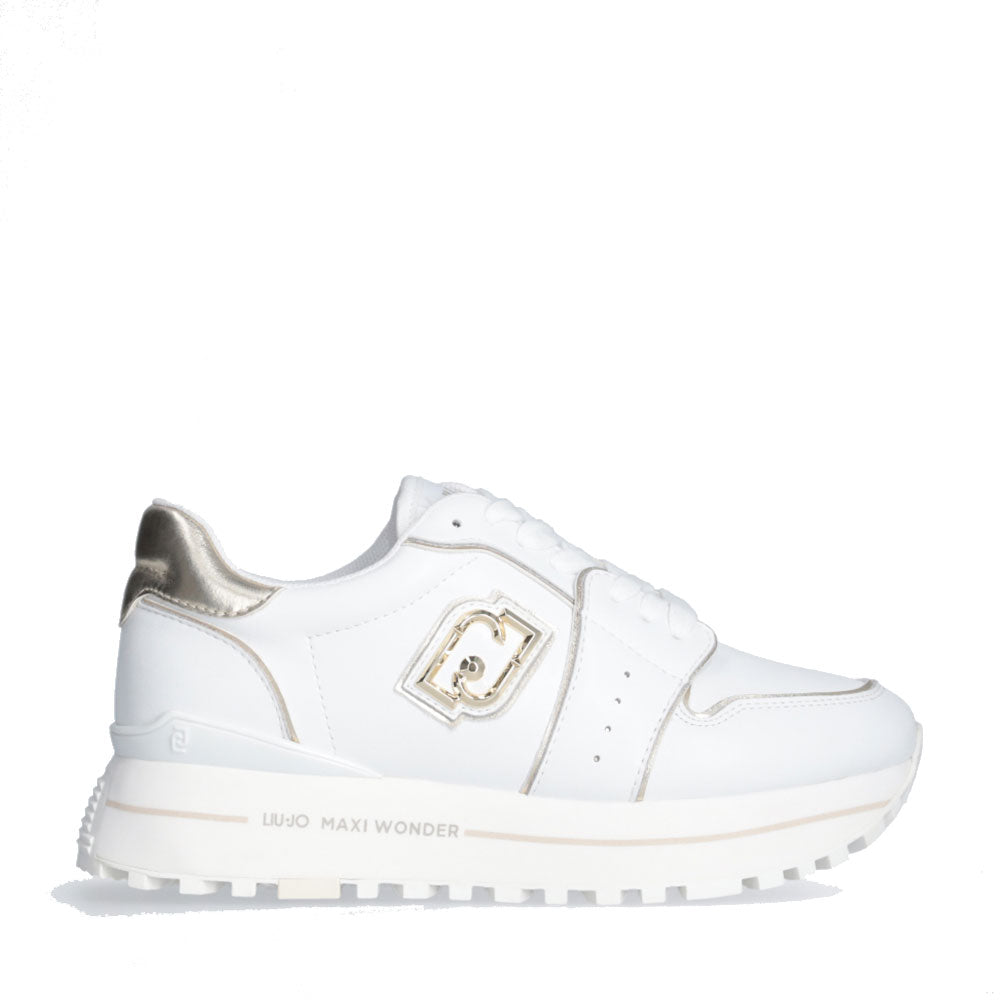 Sneakers Platform Donna LIU JO Maxi Wonder 85 in Pelle Bianca con Inserti Laminati Oro