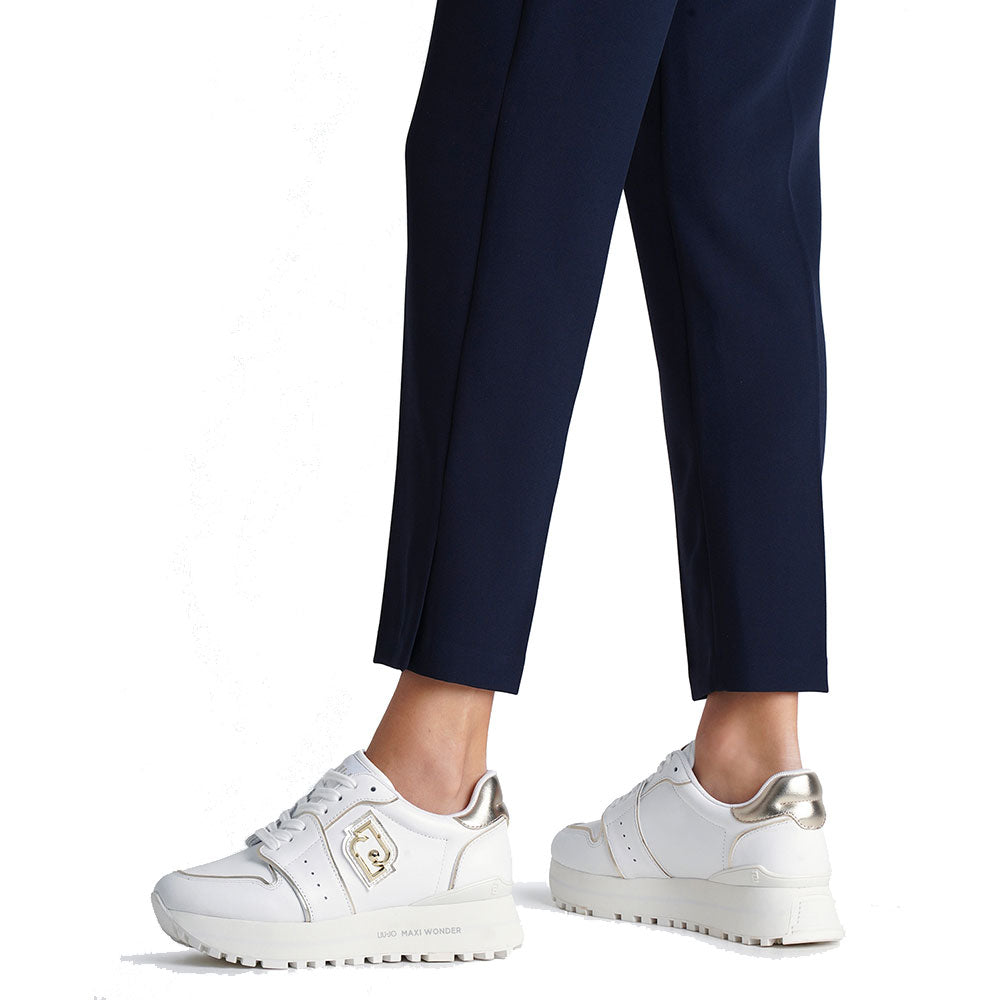 Sneakers Platform Donna LIU JO Maxi Wonder 85 in Pelle Bianca con Inserti Laminati Oro