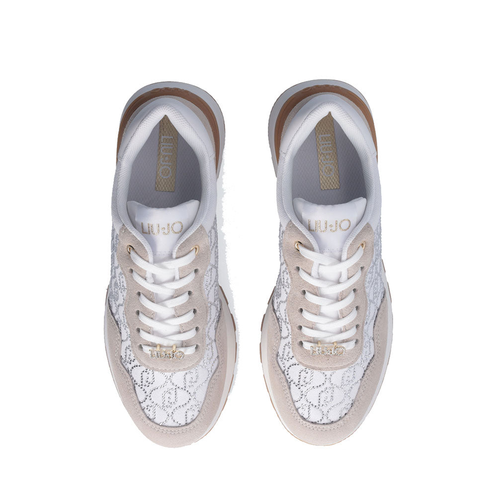 Scarpe Donna LIU JO Amazing 20 Sneakers Platform in Suede Sabbia e Canvas Bainca con Strass