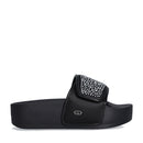 LIU JO Mykonos 04 
Schwarze Satin Plateau Slipper mit Strasssteinen