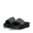 LIU JO Mykonos 04 
Schwarze Satin Plateau Slipper mit Strasssteinen