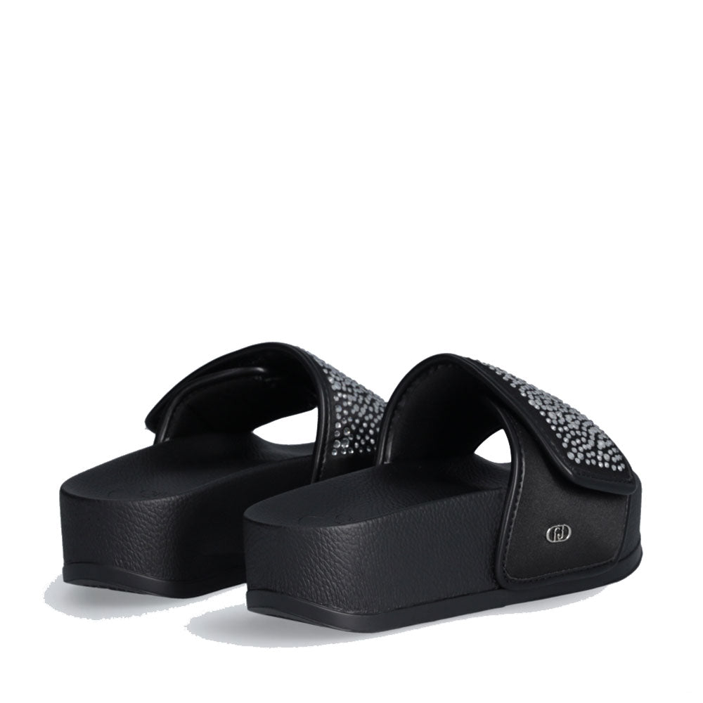 LIU JO Mykonos 04 
Schwarze Satin Plateau Slipper mit Strasssteinen