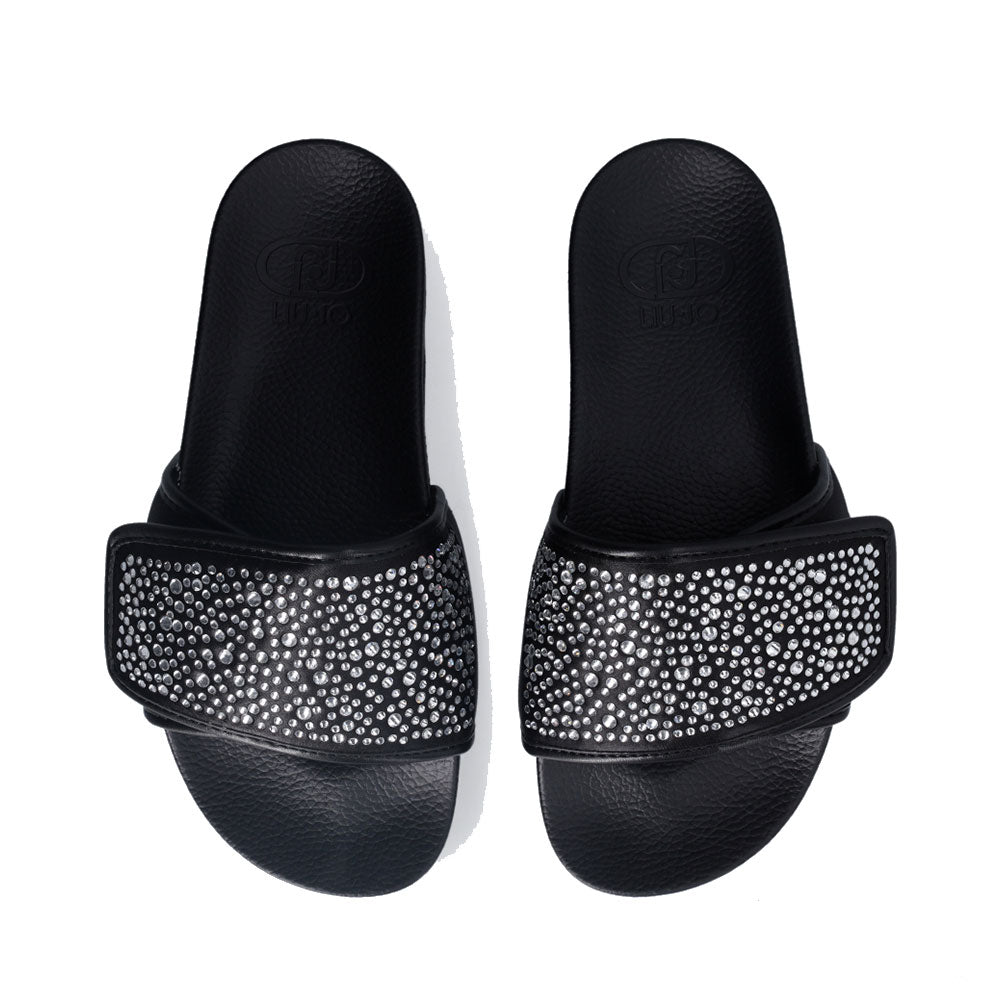 LIU JO Mykonos 04 
Schwarze Satin Plateau Slipper mit Strasssteinen