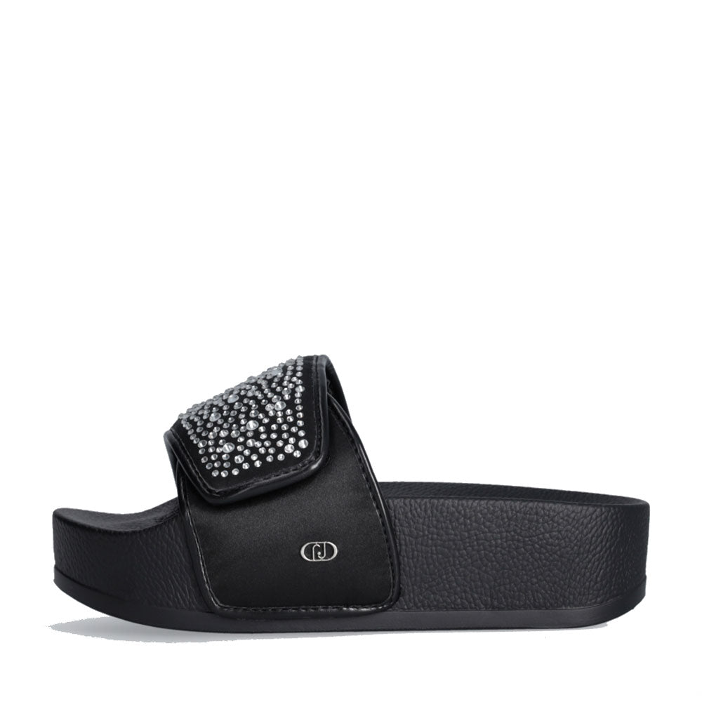 LIU JO Mykonos 04 
Schwarze Satin Plateau Slipper mit Strasssteinen