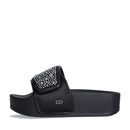 LIU JO Mykonos 04 
Schwarze Satin Plateau Slipper mit Strasssteinen