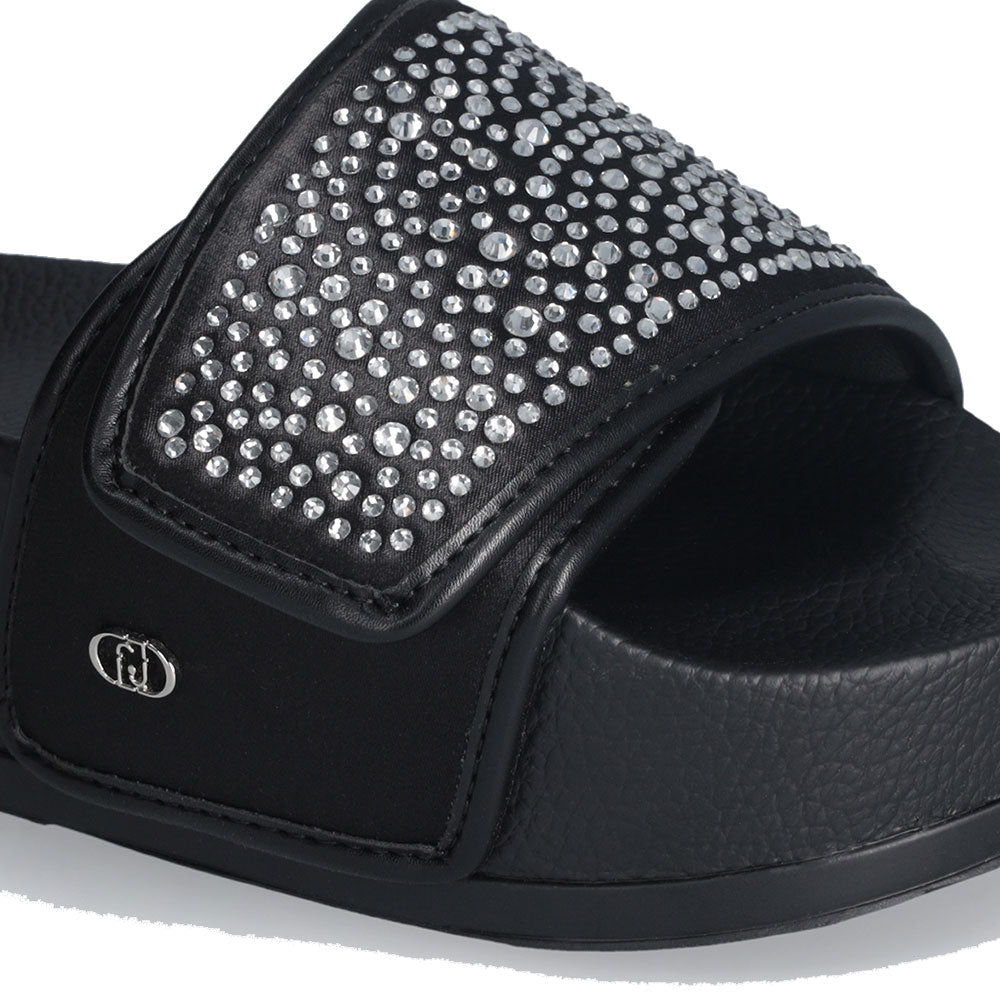 LIU JO Mykonos 04 
Schwarze Satin Plateau Slipper mit Strasssteinen