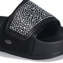 LIU JO Mykonos 04 
Schwarze Satin Plateau Slipper mit Strasssteinen