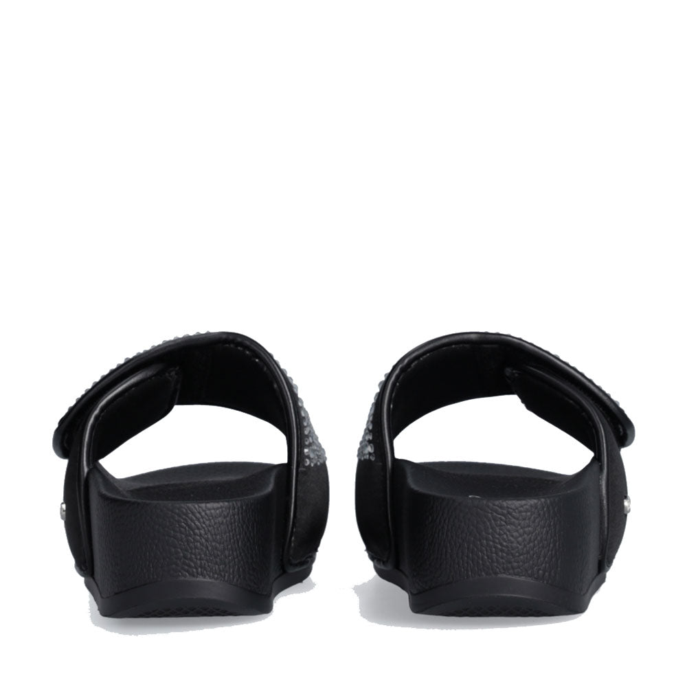 LIU JO Mykonos 04 
Schwarze Satin Plateau Slipper mit Strasssteinen