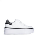 LIU JO Selma 16 Plateau-Sneaker aus weißem Leder mit schwarzem Satineinsatz mit Strasssteinen
