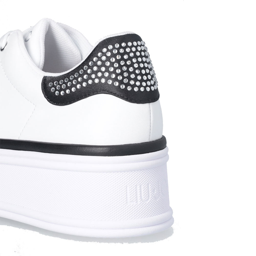 LIU JO Selma 16 Plateau-Sneaker aus weißem Leder mit schwarzem Satineinsatz mit Strasssteinen
