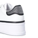 LIU JO Selma 16 Plateau-Sneaker aus weißem Leder mit schwarzem Satineinsatz mit Strasssteinen