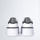 LIU JO Selma 16 Plateau-Sneaker aus weißem Leder mit schwarzem Satineinsatz mit Strasssteinen