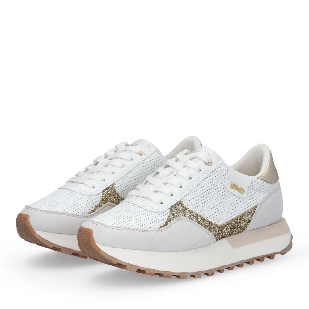 Sneakers Donna LIU JO Evelyn 915 in Microfibra Perforata Bianca con Inserto Glitter Oro