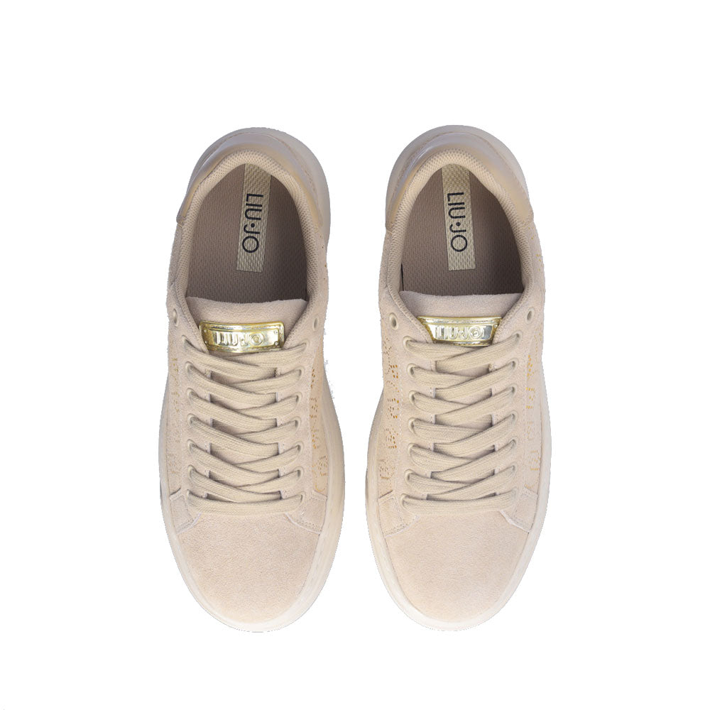 Damenschuhe LIU JO Cleo 12 Sneakers aus beigem Wildleder mit Monogramm-Logo aus Pailletten