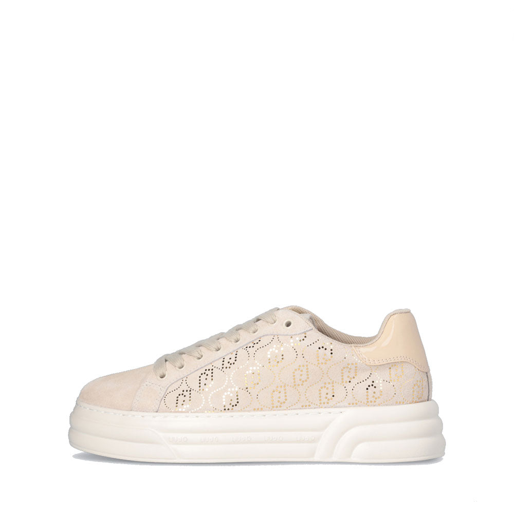 Damenschuhe LIU JO Cleo 12 Sneakers aus beigem Wildleder mit Monogramm-Logo aus Pailletten