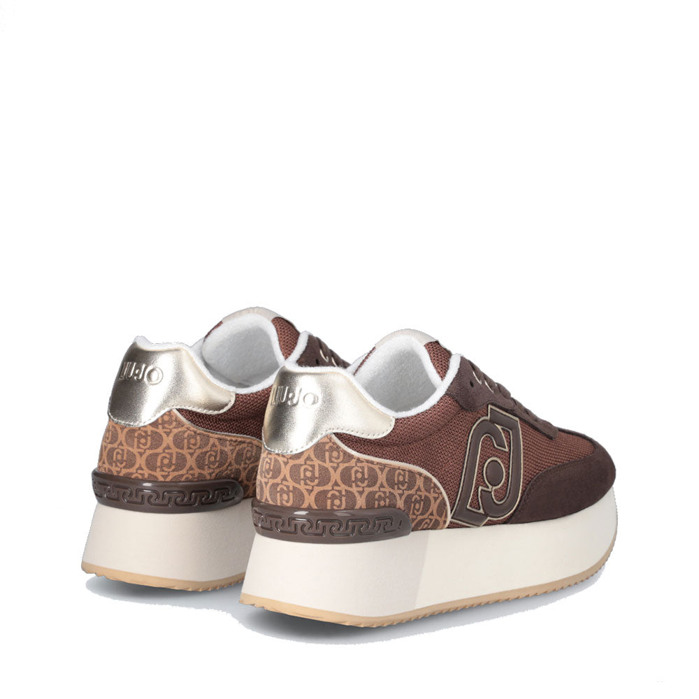 Sneakers Platform Donna LIU JO Dreamy 02 in Suede Brighty Mesh e Inserto Monogram Ebano Light Gold