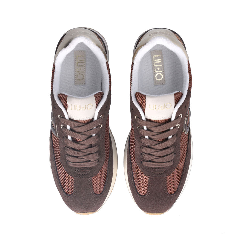 Sneakers Platform Donna LIU JO Dreamy 02 in Suede Brighty Mesh e Inserto Monogram Ebano Light Gold