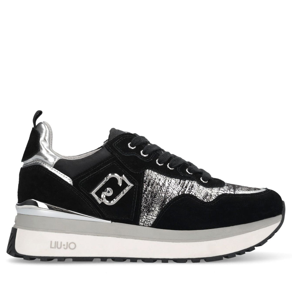 Sneakers Platform Donna LIU JO Maxi Wonder 01 in Suede Nero e Inserti Laminati Silver