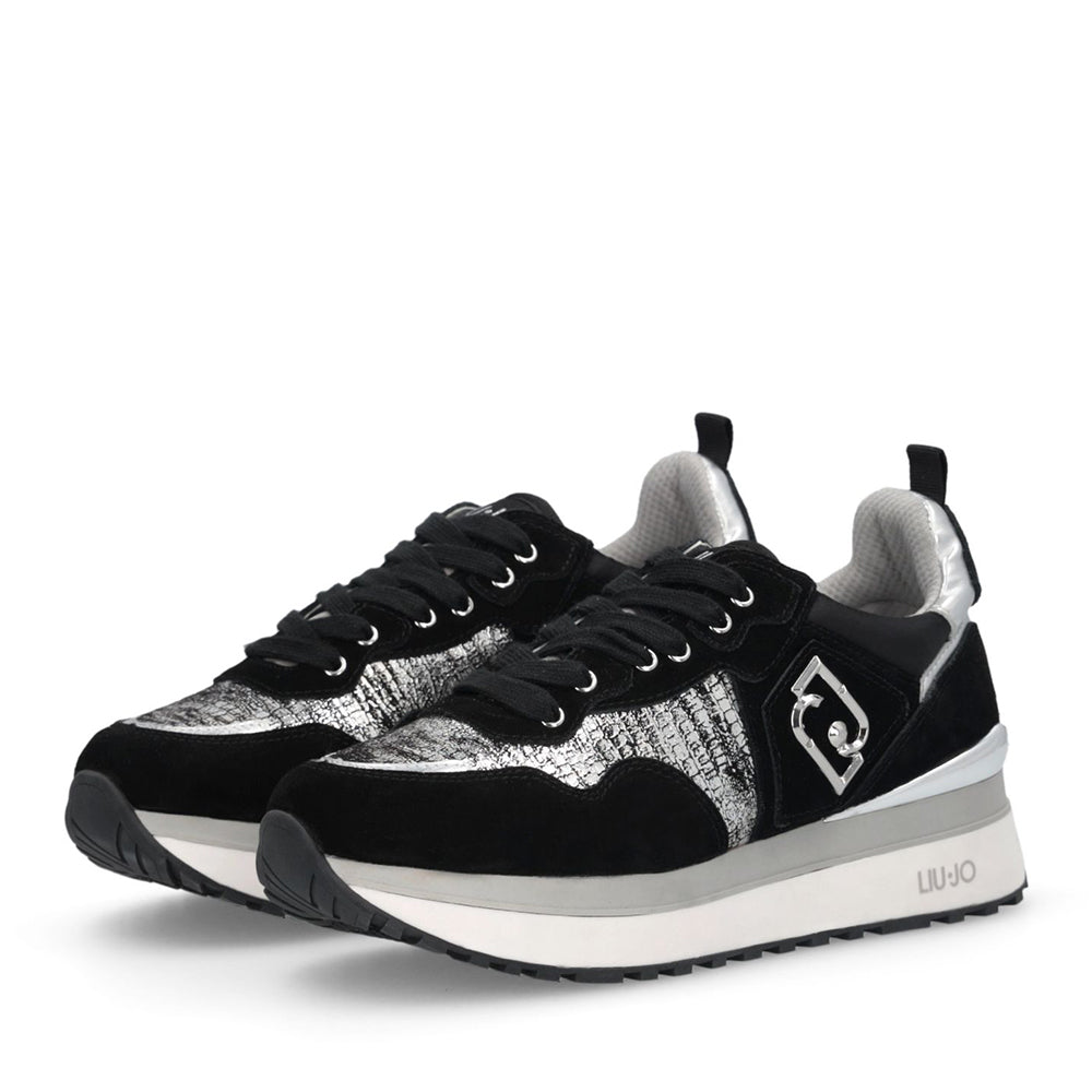 Sneakers Platform Donna LIU JO Maxi Wonder 01 in Suede Nero e Inserti Laminati Silver