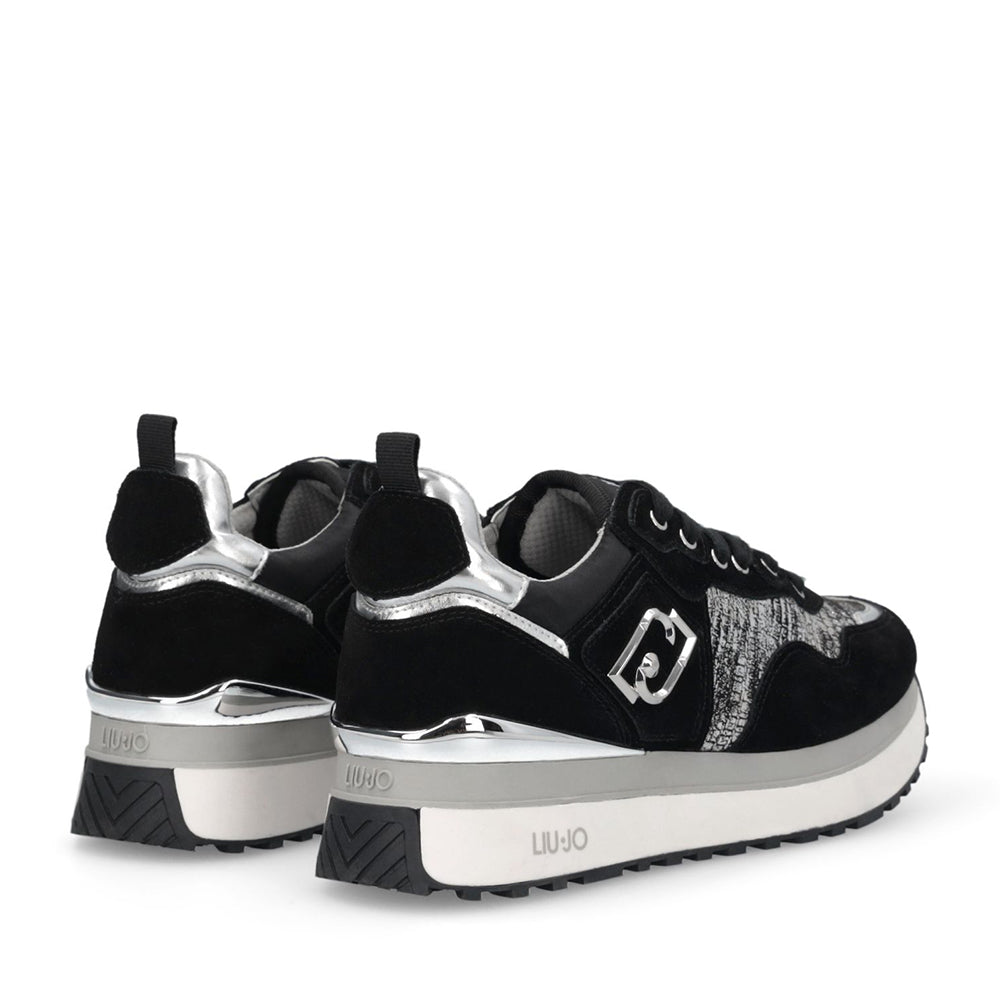 Sneakers Platform Donna LIU JO Maxi Wonder 01 in Suede Nero e Inserti Laminati Silver
