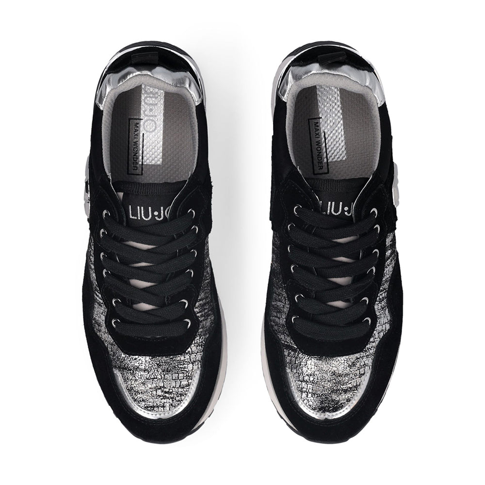 Sneakers Platform Donna LIU JO Maxi Wonder 01 in Suede Nero e Inserti Laminati Silver