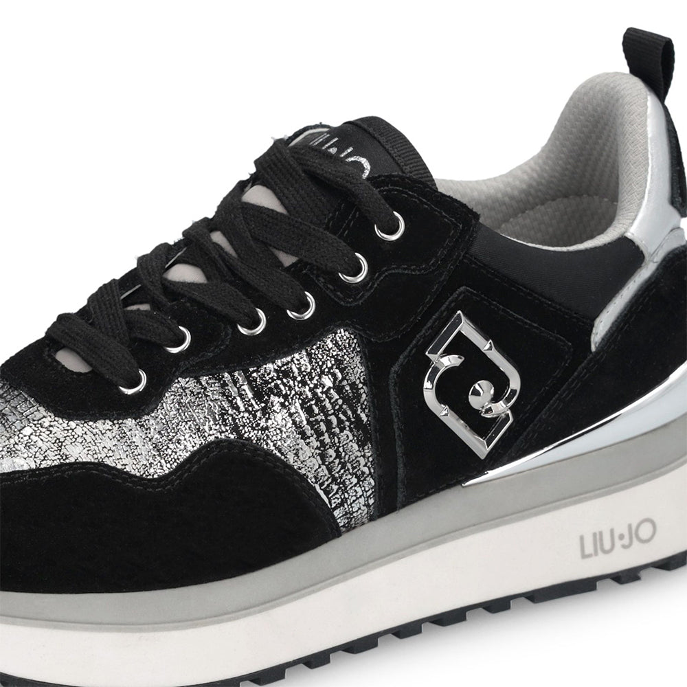 Sneakers Platform Donna LIU JO Maxi Wonder 01 in Suede Nero e Inserti Laminati Silver