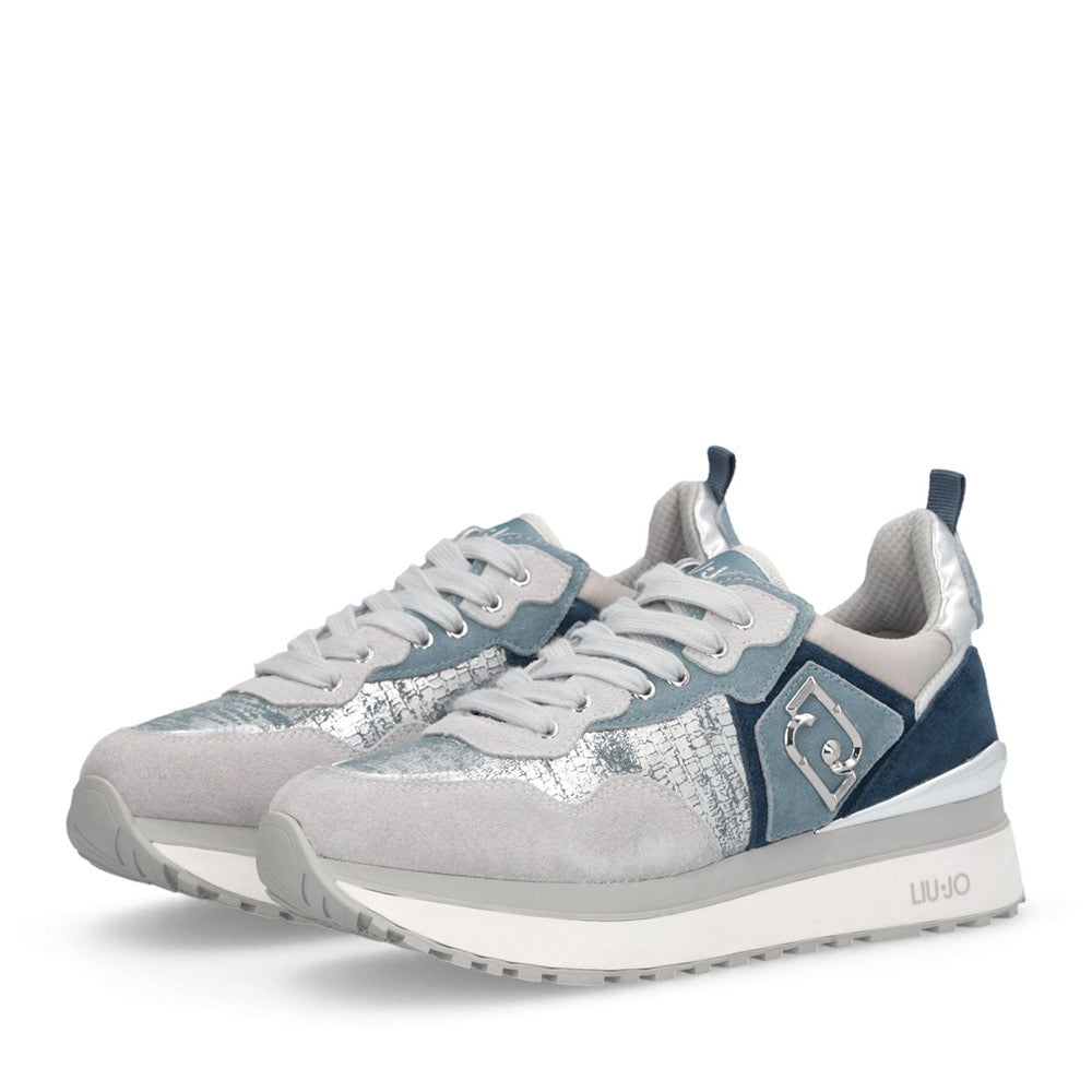 Sneakers Platform Donna LIU JO Maxi Wonder 01 in Suede Blu e Inserti Laminati Silver