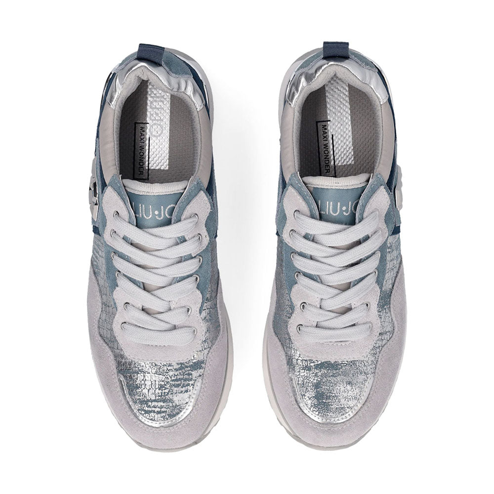 Sneakers Platform Donna LIU JO Maxi Wonder 01 in Suede Blu e Inserti Laminati Silver