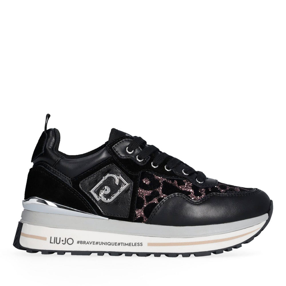 Sneakers Platform Donna LIU JO Maxi Wonder 01 in Pelle Suede e Inserti Glitter Animalier Black Rose