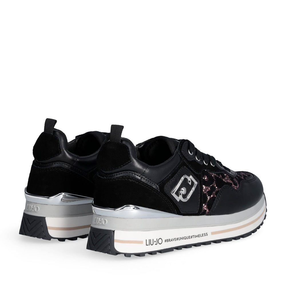 Sneakers Platform Donna LIU JO Maxi Wonder 01 in Pelle Suede e Inserti Glitter Animalier Black Rose