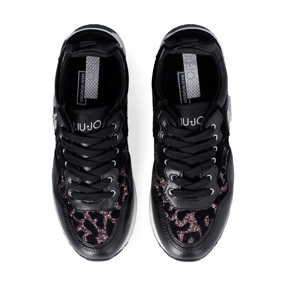 Sneakers Platform Donna LIU JO Maxi Wonder 01 in Pelle Suede e Inserti Glitter Animalier Black Rose