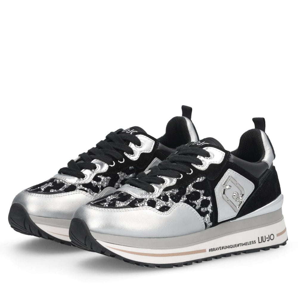 Sneakers Platform Donna LIU JO Maxi Wonder 01 in Pelle Suede e Inserti Glitter Animalier Silver Black