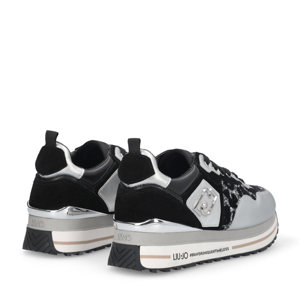 Sneakers Platform Donna LIU JO Maxi Wonder 01 in Pelle Suede e Inserti Glitter Animalier Silver Black
