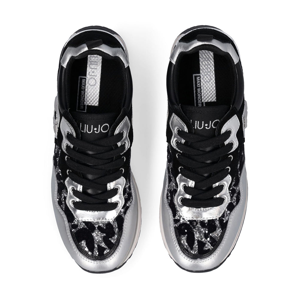 Sneakers Platform Donna LIU JO Maxi Wonder 01 in Pelle Suede e Inserti Glitter Animalier Silver Black